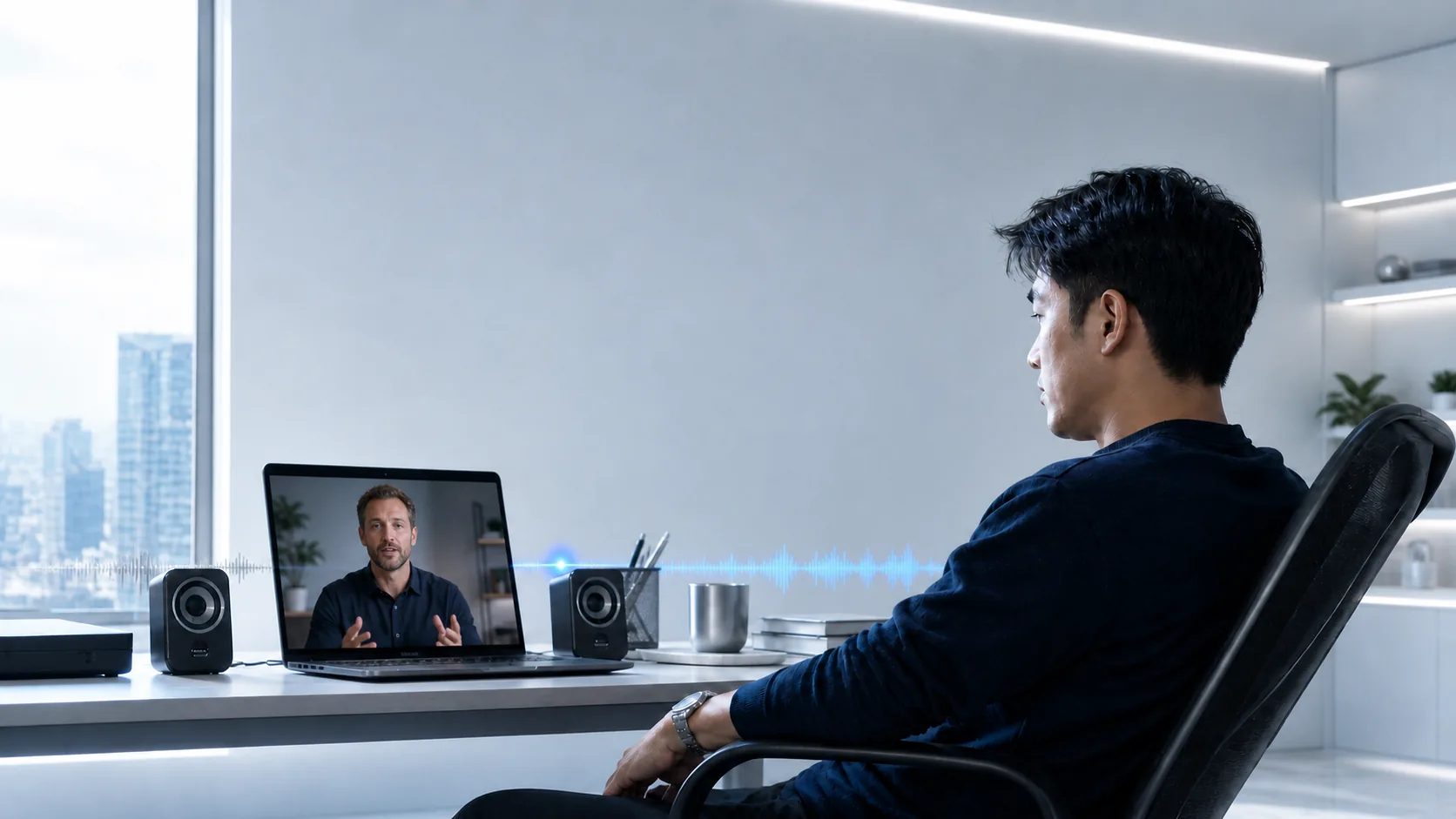 A speaker on video is translated into audio for a listener